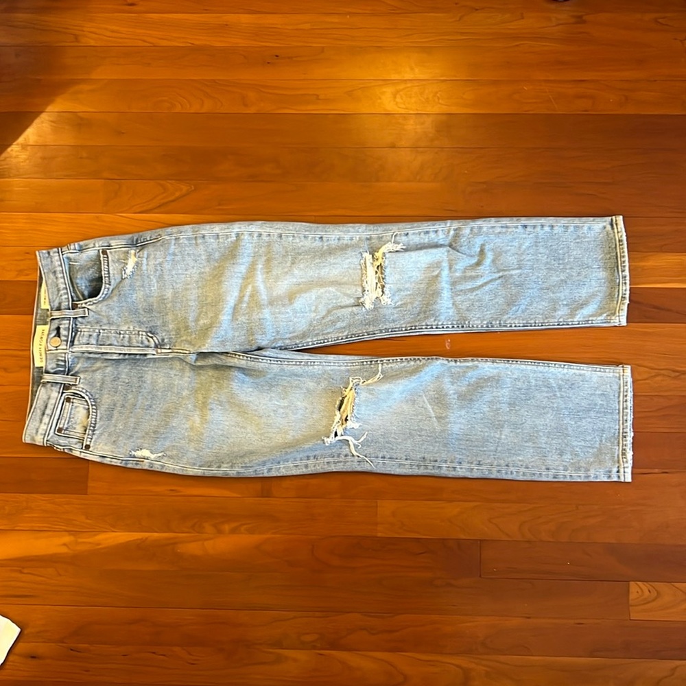 Aritzia denim forum blue high rise straight leg jeans.